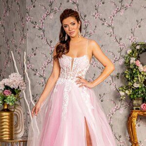 NEW LONG FORMAL SLEEVELESS A-LINE MESH DRESS EMBROIDERED WITH FLORAL LACE GL3249